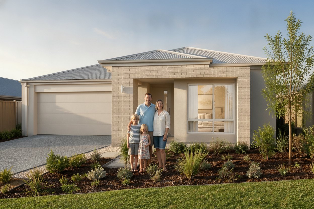 A family standing outside their new home