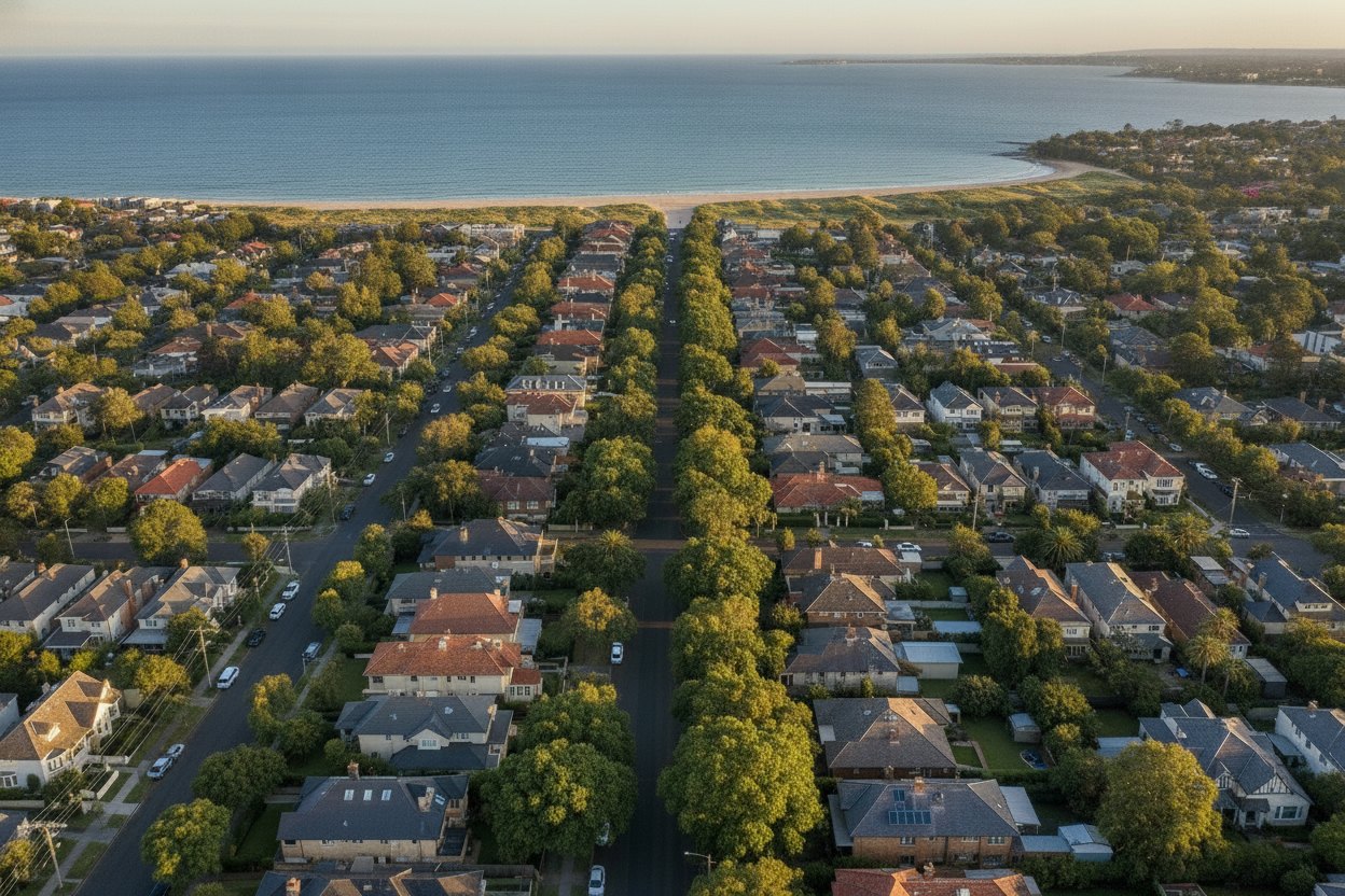 Aerial view of an established bayside Melbourne suburb